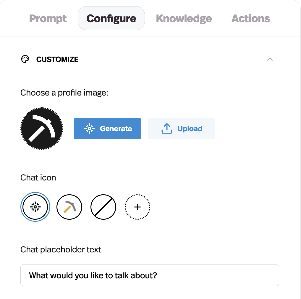 Pickaxe Configure tab showing customization options for onboarding agent appearance